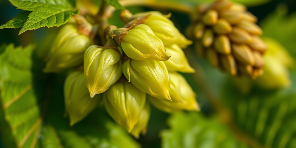 high-resolution macro shot of green hop leaves and cone with vibrant colors, soft natural lighting, 100mm f/2.8 macro lens, ISO 100, shutter speed 1/200 sec, taken from a low angle for depth, DSLR camera
