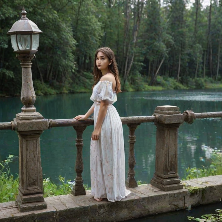 pillar, traditional media, forest, flower, water, 1girl, chain, lamppost, house, railing