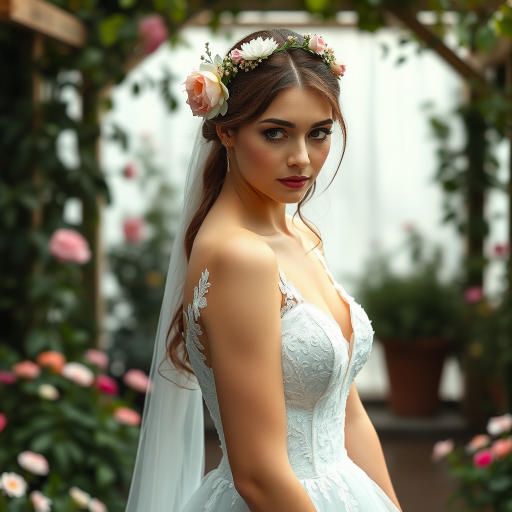 Garden scene, bridal model, delicate lace gown, floral headpiece, soft romantic focus, high-key lighting and an 85mm lens for soft, even tones that highlight the model’s face and bright outfit against a white or light background