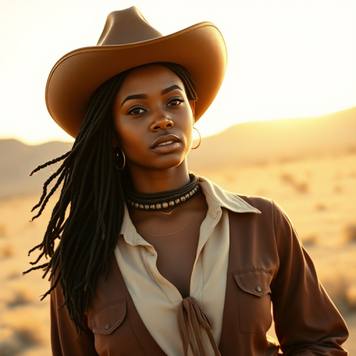 Dramatic photo of a beautiful Cape Verdean woman, classic cowboy attire, confident and free spirit expression, half-length portrait, centered, golden hour desert landscape, warm, diffused light, low angle, medium format film camera, in style of Annie Leibovitz.