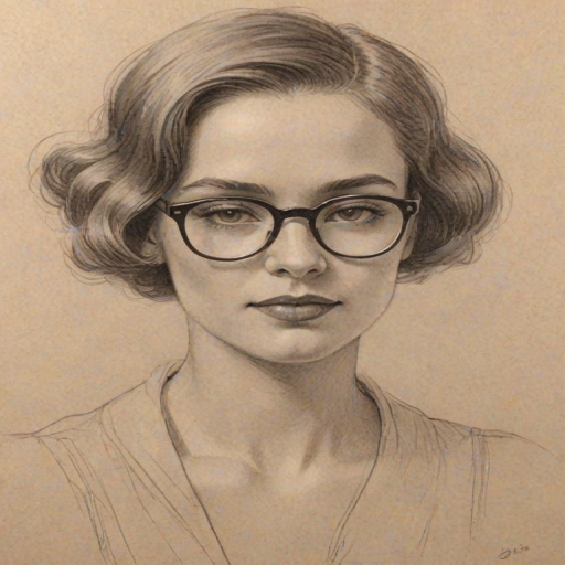 Pleasing Jazmyn Simon, pencil sketch, portrait of Superb woman 1922s in glasses, hair style beatnik, outline, clear lines, fine lines, 8k