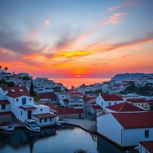 Capture a vibrant sunset over a coastal village with white-washed houses and red-tiled roofs reflected in calm waters, using a DSLR camera, aperture f/8, ISO 400, shutter speed 1/125s, focal length 24mm, wide-angle view.
