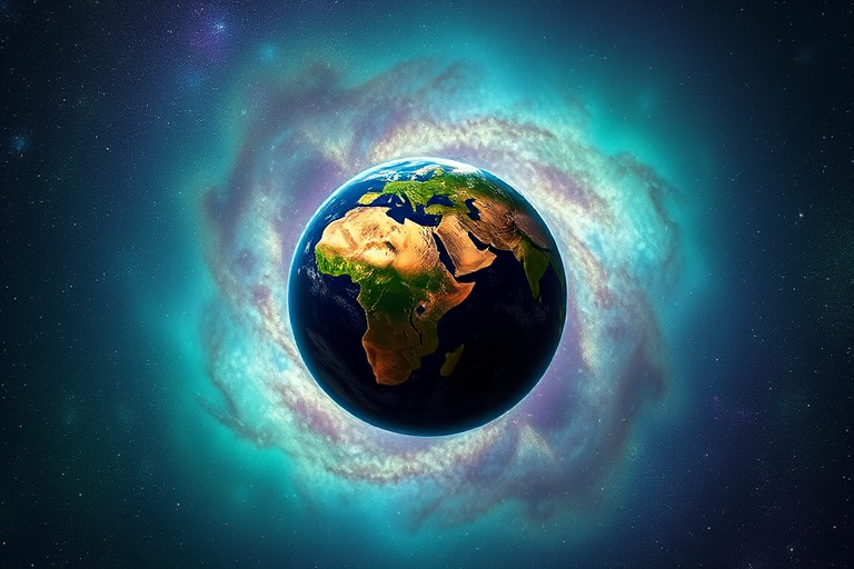 create a breathtaking cosmic scene depicting Earth surrounded by a vibrant nebula with swirling colors of green, blue, and purple, captured with a Canon EOS R5 using a 24mm f/1.4 lens at ISO 100, 10 seconds exposure, shot from a wide-angle view in astrophotography style to enhance detail and depth of field