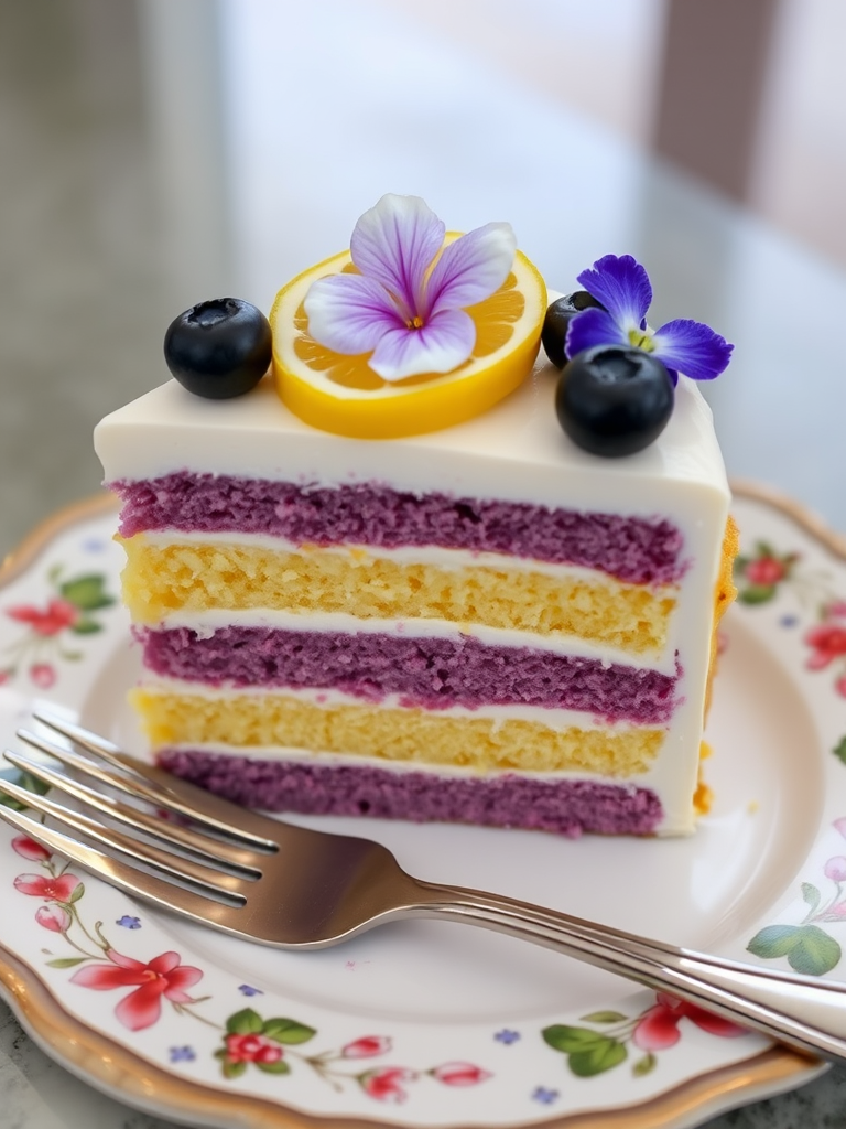 A beautifully layered slice of cake with yellow and purple sponge, creamy frosting, fresh blueberries, a lemon slice, and edible flowers on top, served on a decorative plate with a fork beside it.