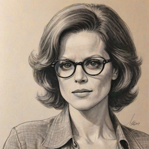Alluring Sigourney Weaver, pencil sketch, portrait of Splendid woman 1970s in glasses, hair style beatnik, outline, clear lines, fine lines, 8k