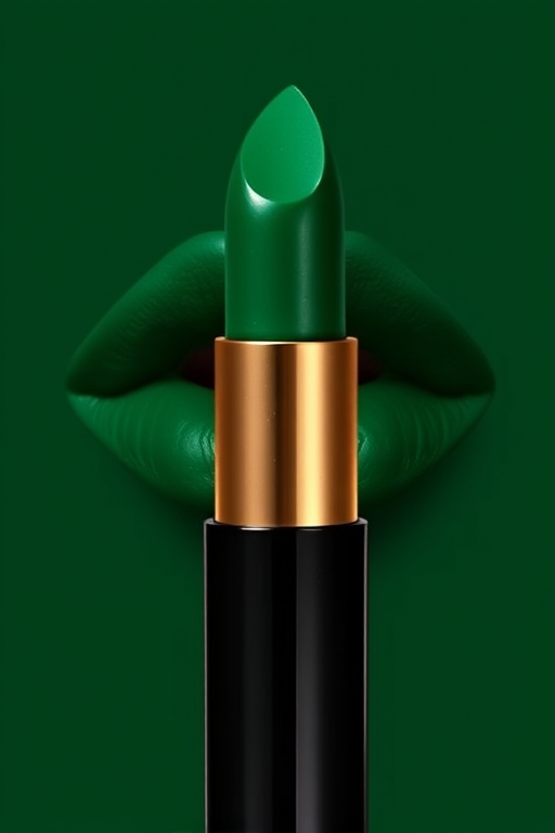 Deep emerald green lipstick "Enchanted Forest" boasting a creamy formula, rich pigmentation, and a satin finish for a daring and unconventional lip color choice
