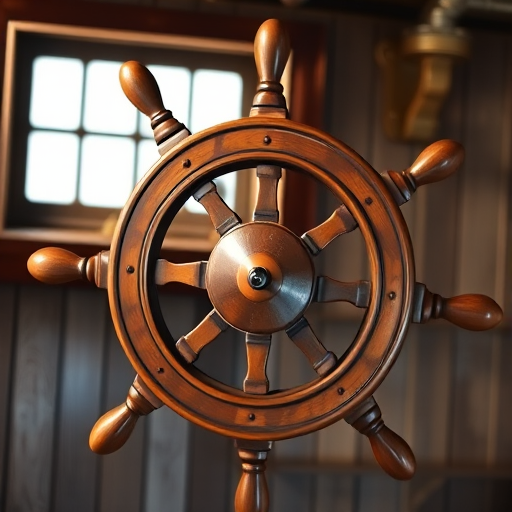 Create a high-resolution image of a classic ship's wheel with a polished wooden finish, shot with a 50mm lens at f/2.8 to achieve a shallow depth of field, use a top-down camera view, in natural lighting with a hint of backlight to highlight the textures, and employ a DSLR camera type for superior image quality.