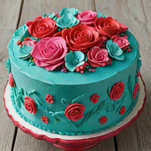 Create an image of a beautifully decorated cake with a turquoise frosting. The cake should feature vibrant rose decorations in shades of red and pink, along with edible flowers and colorful sprinkles. Place the cake on a rustic wooden cake stand, and ensure the background has a soft, elegant setting.