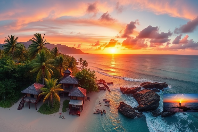 Create a vibrant montage of tropical landscapes and beach scenes during sunset with warm colors, using a DSLR camera, 50mm lens, f/1.8 aperture, 1/200 sec shutter speed, ISO 100, captured in a panoramic view with high dynamic range.