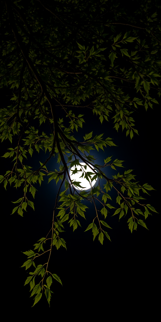 Capture a high-contrast night photograph of a tree branch with detailed foliage illuminated by moonlight, using a DSLR camera, 50mm lens, f/1.8 aperture, ISO 400, 1/60 sec shutter speed, shot from a low angle to emphasize the branches against a dark sky.
