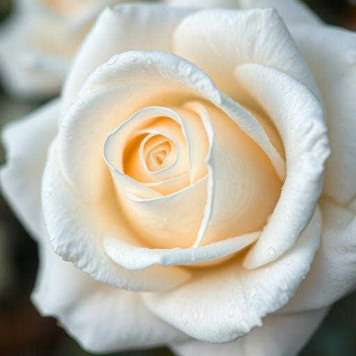 a close-up of a white rose with dew drops on its petals, showcasing intricate details and textures in a soft-focus background