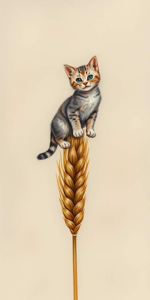 Soft, muted Alcohol Ink with ebru effect background image of tiny whimsical cat, who climbed high on the top of a golden rye ear.