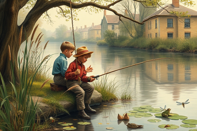 Imagine a small group of old fashioned young boys out fishing by the creek, a swing hanging from a tree branch, reeds and grasses by the water's edge, a frog sitting on a lily pad, dragonflies hovering over som water plans, a very iconic old fashioned scene reminiscent of a Norman Rockwell painting style