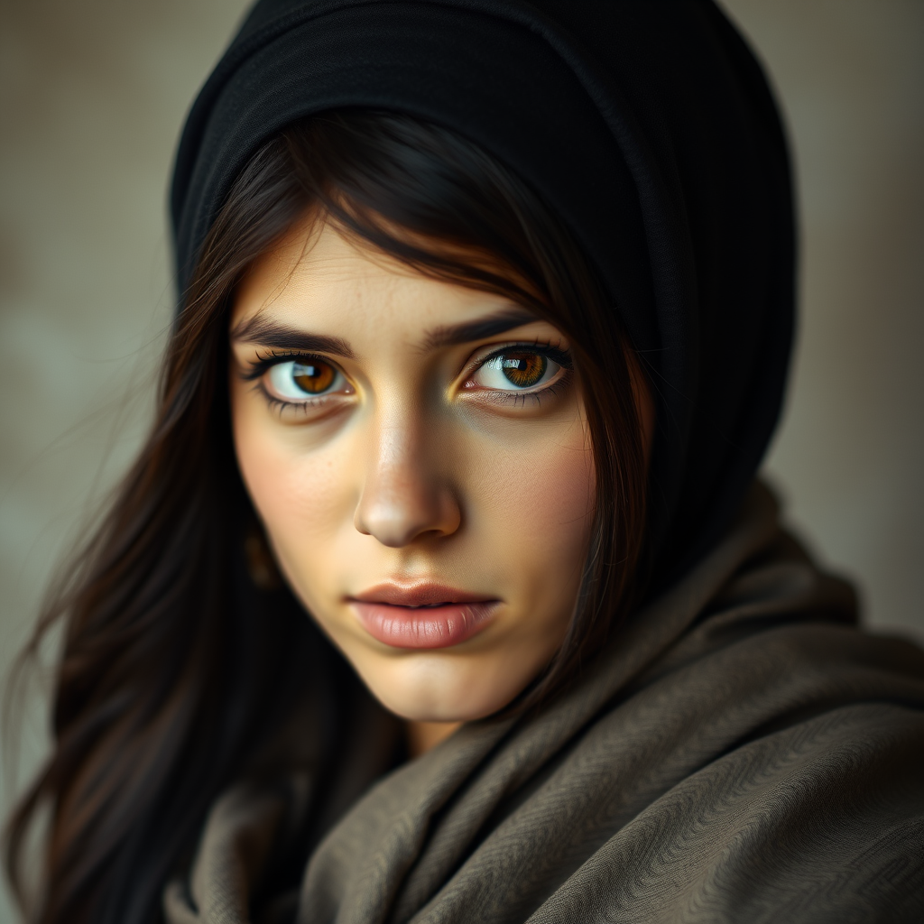 Create a portrait of a young Mizrahi woman with long, dark hair and captivating hazel eyes. She is wearing a black headscarf and a matching scarf draped gracefully around her neck. The background is softly blurred, focusing attention on her serene and natural expression. The overall color palette is muted and warm, enhancing the intimate and authentic feel of the portrait.