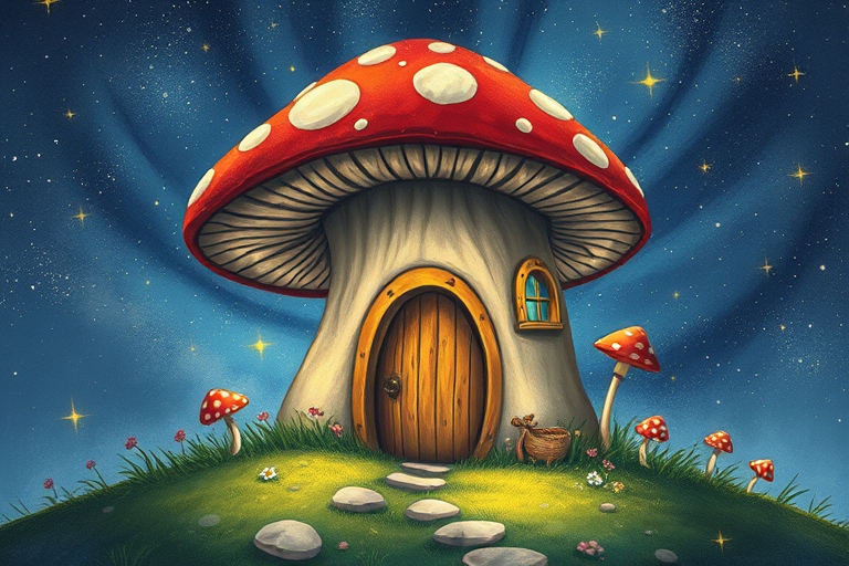 this picture is illustration of a mushroom house with a door and a window, a storybook , fantasy art, mushroom house, bg starry sky, sparkles