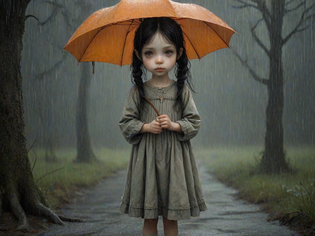 An eerie, weird little girl with dark hair in thin pigtails, wearing a smock dress, standing in the rain, holding a dirty orange umbrella, a small, odd creature beside her. In a surreal style inspired by Nicoletta Ceccoli and Brian Froud. Dark fantasy themes