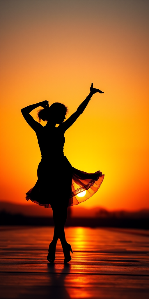 Generate a high-resolution silhouette of a dancing figure against a vibrant sunset backdrop with a soft gradient, using a DSLR camera with a 50mm lens, aperture f/2.8, ISO 100, and shot from a low angle to enhance depth and focus on the subject.