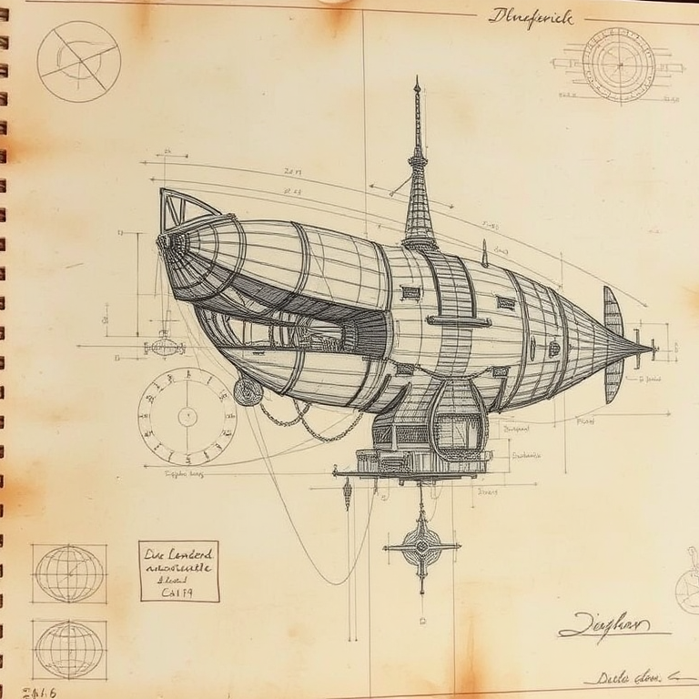 Create a detailed sketch of an airship inspired by Leonardo da Vinci, featuring intricate designs, mechanical elements, and annotations, captured in high resolution with a DSLR camera at f/5.6 aperture, 1/125s shutter speed, ISO 100, wide-angle lens, in natural light to enhance clarity and depth.