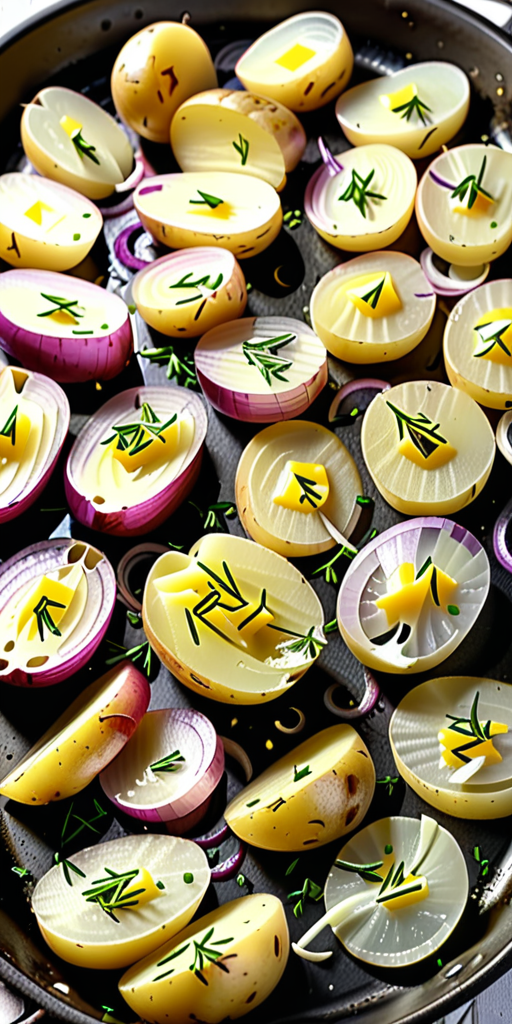 sliced potatoes with onions and butter in oven