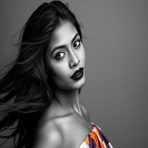 Photographic image of a beautiful young Sri Lankan woman, black eyes, lips with black lipstick, long hair fluttering in the wind and wearing a silk strapless dress with a soft purple and orange print. monochrome image with only color highlights in the iris of the eyes, lipstick and dress. Gray background.