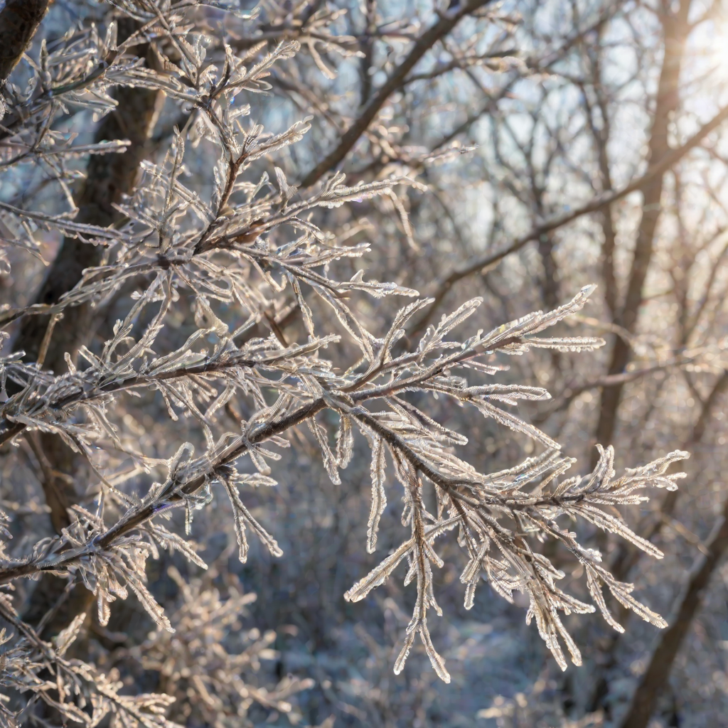 generate an image of frost-covered tree branches shimmering in the sunlight with a blurred winter background