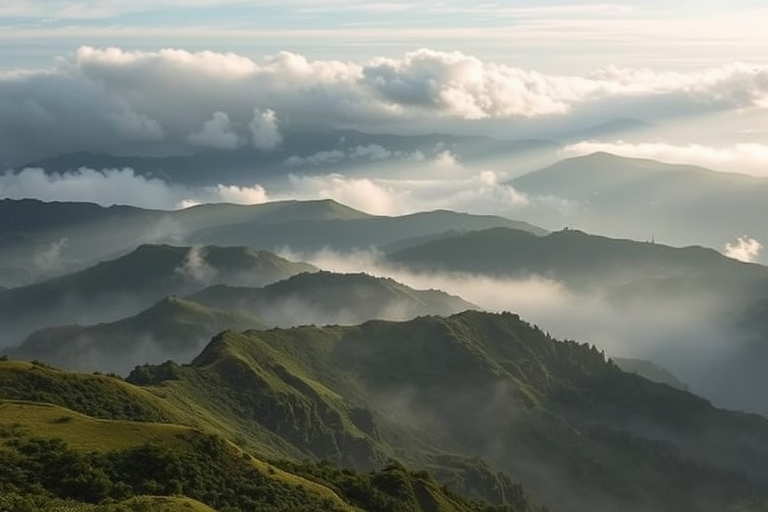 Create a misty mountain landscape with layers of soft hills and atmospheric clouds, captured with a Canon EOS R5, 35mm lens, f/8 aperture, ISO 100, in a wide-angle view for depth and detail.