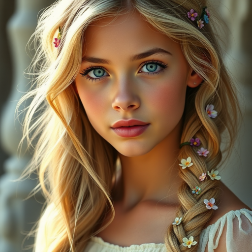 Create an image of a young Hispanic woman with long, wavy blonde hair, adorned with small, colorful flowers woven into her braids and loose strands. Her complexion is fair, with soft, glowing skin, and she has light blue eyes that gaze softly at the viewer. She wears a light, flowing dress with a gentle, ethereal quality, complementing her delicate and serene appearance. The background is slightly blurred, drawing focus to her tranquil expression and the intricate details of the flowers in her hair. The overall mood of the image is one of natural beauty and grace, evoking a sense of peacefulness and connection with nature.