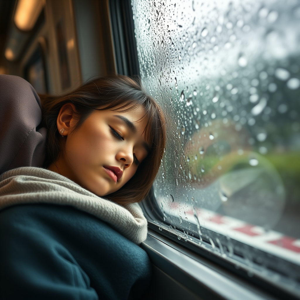 A young woman sleeping peacefully against a rain-soaked window in a train, captured with a Canon EOS R5, 50mm lens, f/1.8 aperture, ISO 200, natural light, shallow depth of field, soft focus background.
