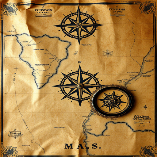 Create a vintage map on aged parchment with compass designs and intricate details, captured with a Canon EOS 5D Mark IV, 50mm lens at f/2.8, ISO 100, natural light, top-down view to enhance texture and warmth.