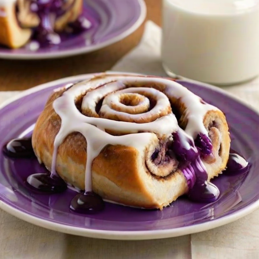 Create an image of a delicious cinnamon roll with a vibrant purple filling, topped with a generous drizzle of creamy white icing. The roll should be served on a simple white plate with a fork beside it, and in the background, there should be a baking dish filled with more cinnamon rolls. The setting should feel warm and inviting, highlighting the sweet and indulgent nature of the dessert.