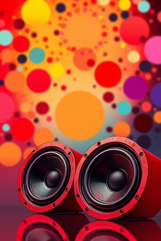 Generate an abstract design featuring large red and black speakers against a backdrop of colorful circular patterns, with a focus on depth and vibrancy, captured with a DSLR camera at f/8 aperture, ISO 100, 50mm lens, shot from a slightly elevated angle for dynamic perspective.