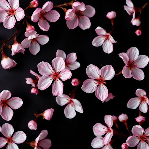 Create a high-resolution floral pattern featuring cherry blossoms in shades of pink and white on a dark background, using a DSLR camera with a 50mm lens, aperture set to f/2.8, ISO 100, shot from a flat lay perspective, with natural lighting to enhance color vibrancy and detail.