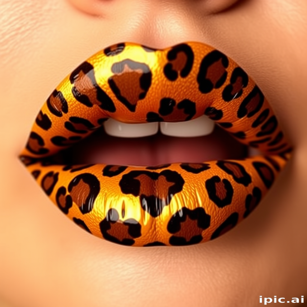 Fierce leopard print lips feature a bold animal pattern in warm golden and chocolate tones, making a statement with their unique and daring design