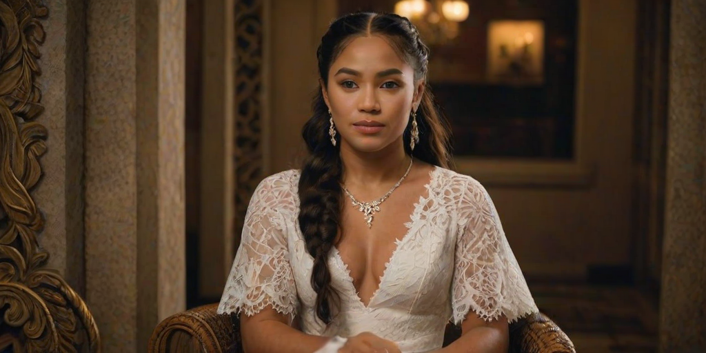 Create a portrait of a refined and elegant Samoan woman seated in a sophisticated setting. She has long, wavy hair styled in two thick braids that are pulled over her shoulders. She wears a white, lace gown with intricate patterns, featuring a deep V-neckline and short sleeves. The dress exudes a vintage charm with its delicate lacework. She is adorned with ornate, dangling earrings that add a touch of glamour to her appearance. The background is softly lit, with warm, ambient lighting that creates a cozy and inviting atmosphere. Her expression is poised and serene, capturing a sense of grace and elegance.