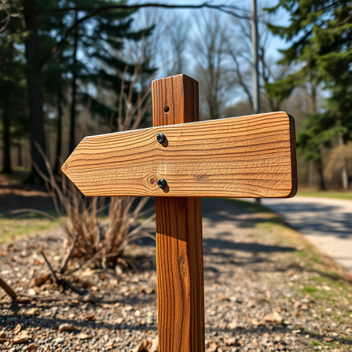 Create an image of a wooden signpost in an outdoor setting, using a DSLR camera with a 50mm lens, f/2.8 aperture, ISO 100, shot from a low angle with natural lighting to enhance detail and texture.