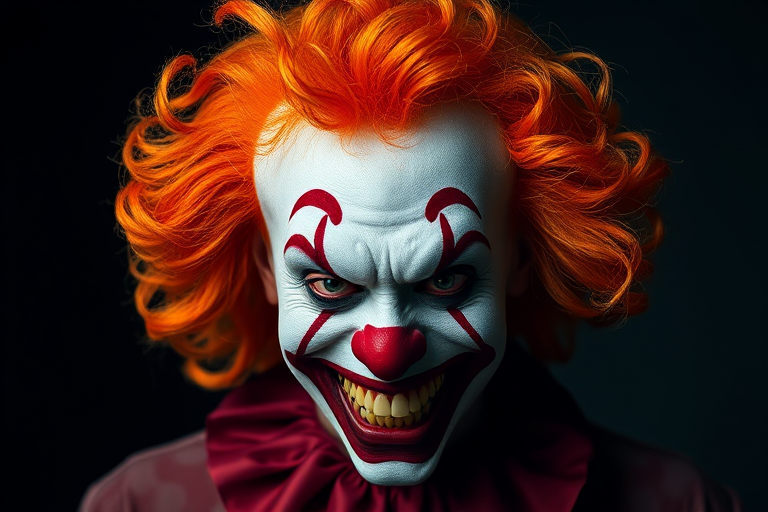 Create a highly detailed portrait of a sinister clown with bright curly orange hair and a menacing grin, using a Canon EOS R5, 85mm focal length, f/1.4 aperture, ISO 100, with soft diffused lighting and a blurred dark background to enhance vivid colors and sharp facial details.