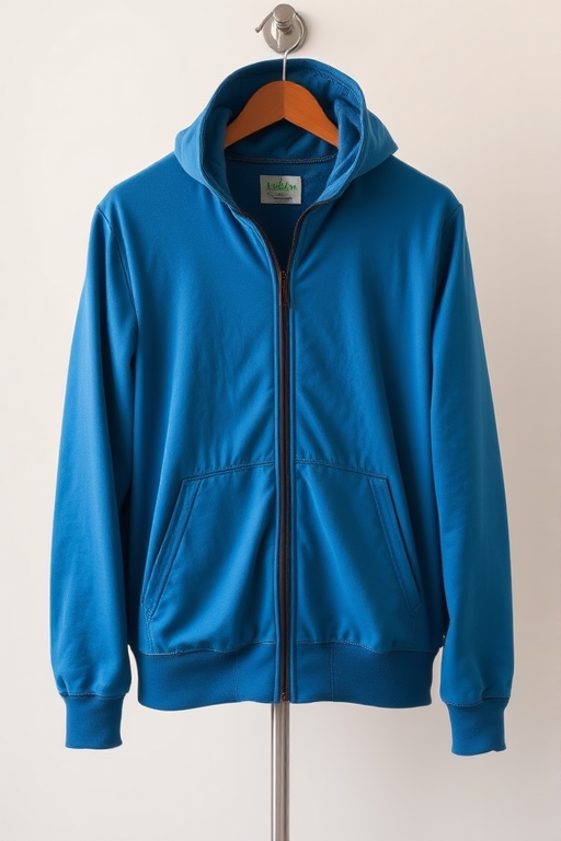 photograph of a blue zip-up jacket displayed on a neutral background, taken with a DSLR camera at f/8, ISO 100, 1/125s, shot from a slight angle at eye level to emphasize texture and detail, use soft diffused lighting to enhance fabric quality and color vibrancy