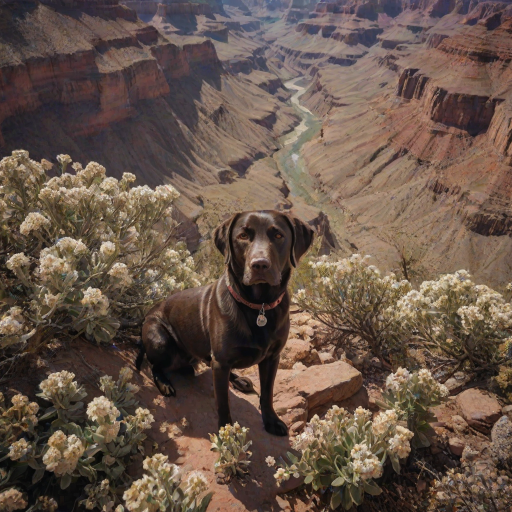 dark and unsettling dream showing in Grand Canyon, USA, Overhead View, sage and brown Labrador Retriever is esthetic, captivating spring bloom on the background , avatar of elements. magical surrealism, wizardry. best quality, high resolution (embedding:dw01-3400:0.8) <lora:F_QuinnXL:0.8>