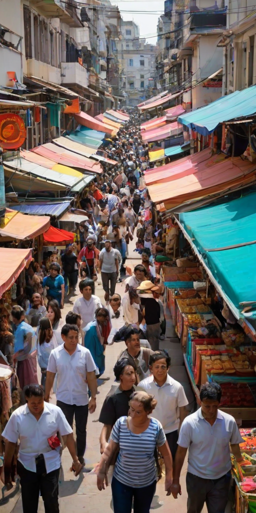 Vibrant marketplace bustling with vendors, their colorful wares displayed under bright awnings, the air filled with the aroma of street food and chatter of excited customers.