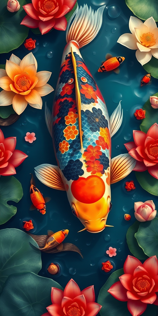 Create a vibrant, detailed illustration of a colorful koi fish surrounded by smaller fish and lotus flowers, using a Canon EOS 5D Mark IV with a 50mm f/1.8 lens, settings at ISO 100, f/8, and 1/200 sec, top-down view with soft lighting for enhanced texture and clarity.