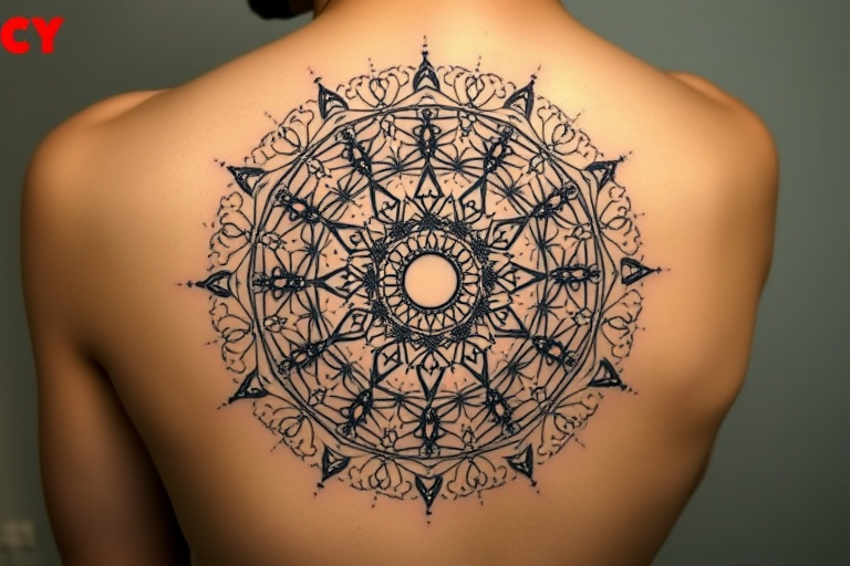 Dotwork mandala tattoo dubbed "Cosmic Constellation" using thousands of meticulously placed dots to form intricate circular patterns resembling celestial bodies and sacred geometry