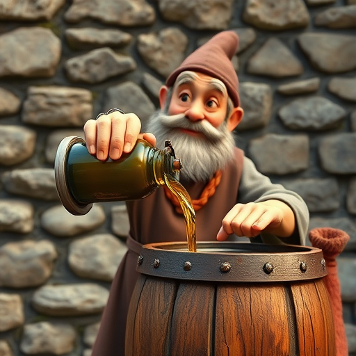 regenerate the image of a cartoonish monk pouring liquid from a wooden barrel with a stone wall background, use a Canon EOS R5 camera, aperture f/4, shutter speed 1/250s, ISO 100, 24mm lens, wide-angle view, vibrant color profile, and high dynamic range settings for enhanced details