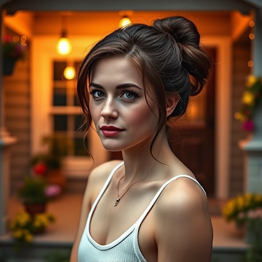 A photo of Amy Adams with a background of a cozy porch. She has dark hair pulled back in an updo, with tendrils framing her face. She wears a white tank top and sits on the porch. The porch is part of a well-lit home with a warm, earthy tone and colorful flowers and foliage. The overall scene has a warm, welcoming, and comfortable ambiance.