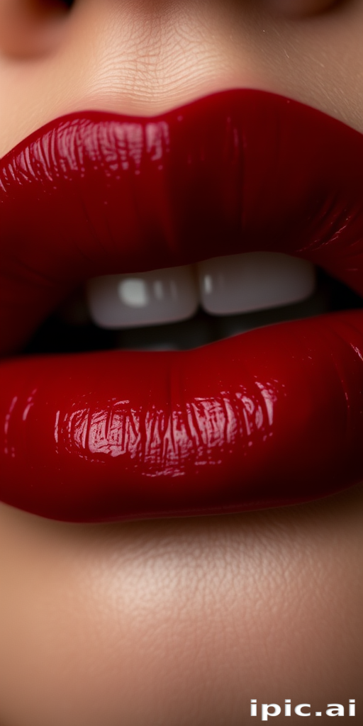 Velvety deep crimson lips with a soft, blurred edge, exuding mystery and allure, perfect for a sultry and romantic look