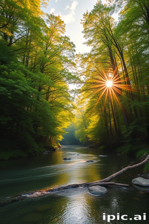 Create an image of a serene, sunlit forest scene with a clear, gently flowing river. Tall trees with lush green foliage line both sides of the river, their leaves bathed in the warm golden light of the setting or rising sun. The sunlight filters through the trees, casting soft, dappled light on the river, which flows over smooth rocks and pebbles, creating a peaceful, natural atmosphere. The sky is bright with a few scattered clouds, and the overall mood is tranquil, evoking a deep sense of connection with nature. The image captures the beauty of a calm, pristine forest landscape at either dawn or dusk.