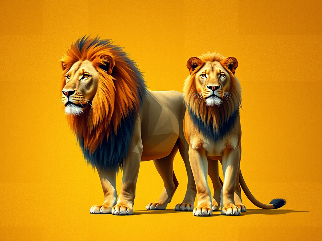 Create a high-resolution geometric style illustration of a lion and lioness standing together on a textured golden background, using soft focus and vivid colors, shot with a DSLR camera at f/8 aperture, 50mm lens, 1/125 second shutter speed.