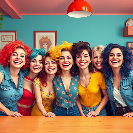 Create a vibrant, pop art style illustration of a diverse group of six joyful people with colorful hair in a retro setting, shot with a Canon EOS R5 at f/4, ISO 100, 24mm lens, shooting in soft focus from a slightly elevated angle for dynamic composition.