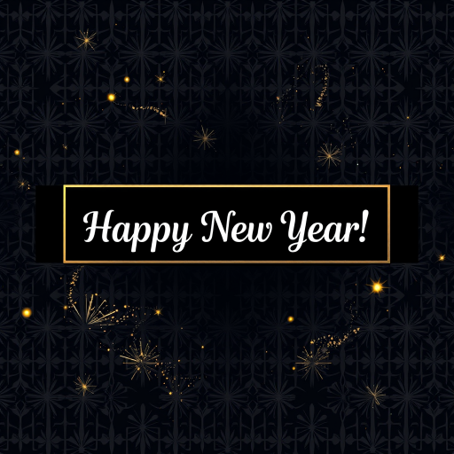 Create an elegant New Year greeting card with a dark patterned background featuring gold and silver sparkles, a central banner with "Happy New Year!" in an Art Deco font, shot with a DSLR camera at f/2.8, ISO 100, 50mm lens, and soft focus to enhance the glow of the sparkles.