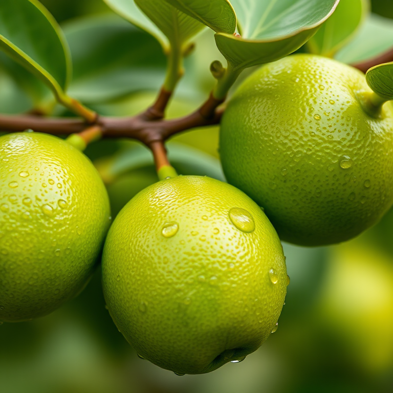 close-up shot of fresh green limes on a branch with water droplets, shallow depth of field, f/2.8 aperture, 50mm lens, ISO 100, natural light, DSLR camera