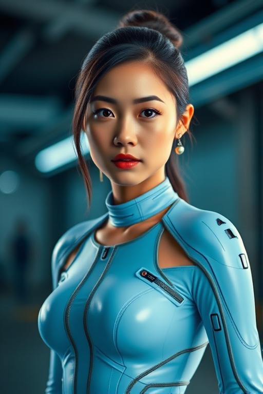 Generate a futuristic portrait of a young woman in a sleek, form-fitting light blue outfit with high-tech details, captured in a dimly lit industrial setting, with soft diffused lighting, shallow depth of field, 50mm lens, f/1.8 aperture, ISO 100, capturing vibrant colors and sharp details.